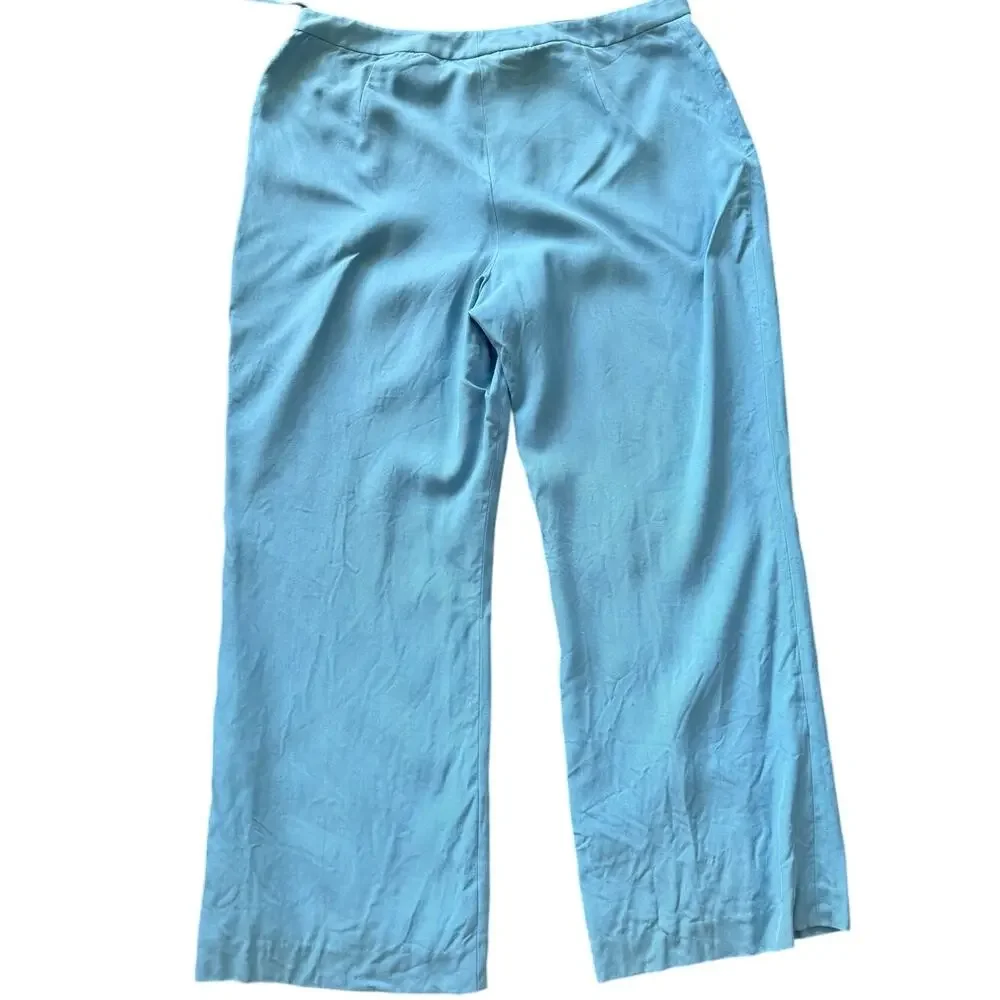 Vintage Ralph Lauren Blue Silk Button Down Shirt Wide Leg Trouser Set